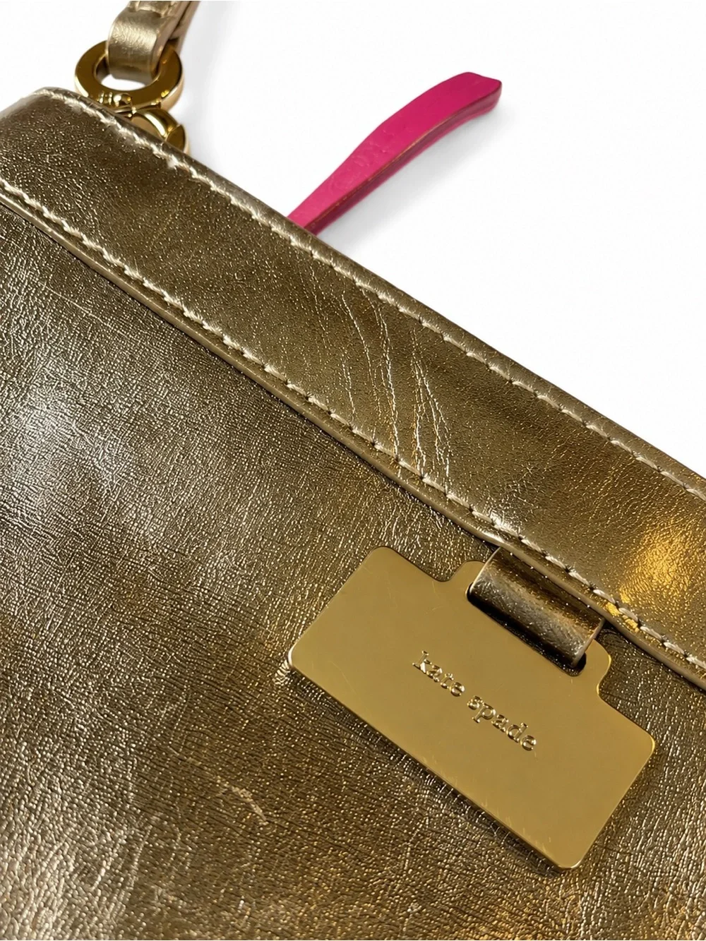 Kate Spade Gold Metallic Leather Wristlet Clutch Pink Polka Dot Interior w/ Box - Picture 5 of 8
